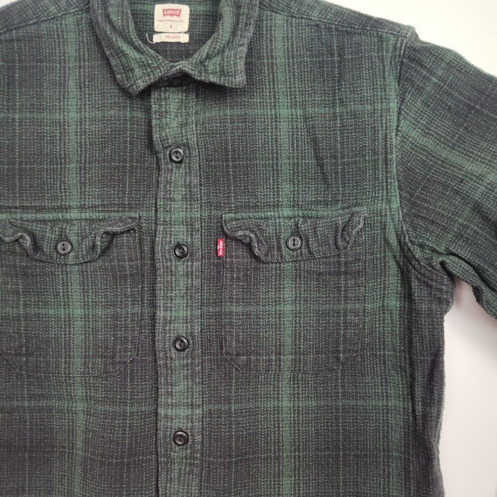 Levi's Button-Up Flannel Shirt Men's S Relaxed Green/Black Plaid Long Sleeves - Picture 3 of 10